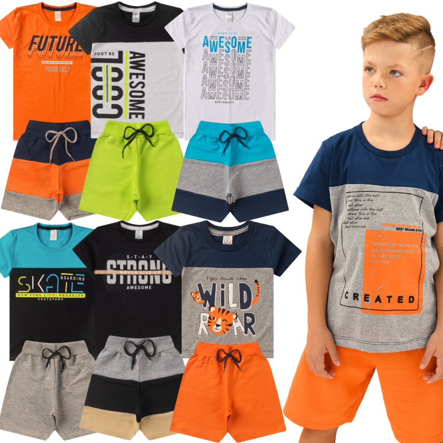 Kit Sortido 6 Peças de Roupas Infantil Menino 3 Camisetas + 3 Bermudas - Kit com 3 Conjuntos de Roupa Infantil Menino