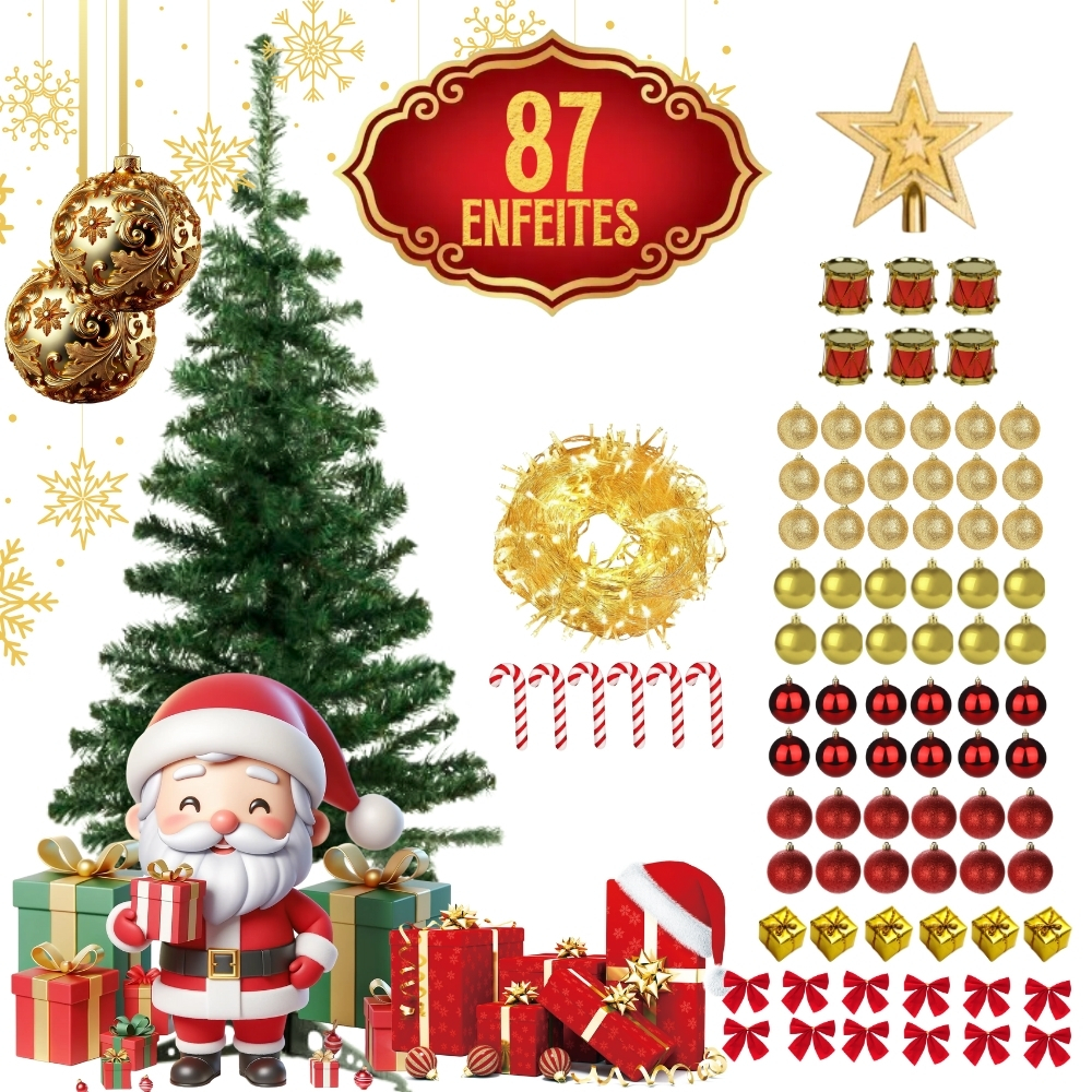 Árvore De Natal Pinheiro 120cm Decorada + 87 Enfeites E Pisca Pisca Completa Linha Premium